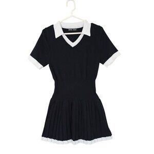 Dress Pleated Knit Black & White Collared Size M Short Sleeve